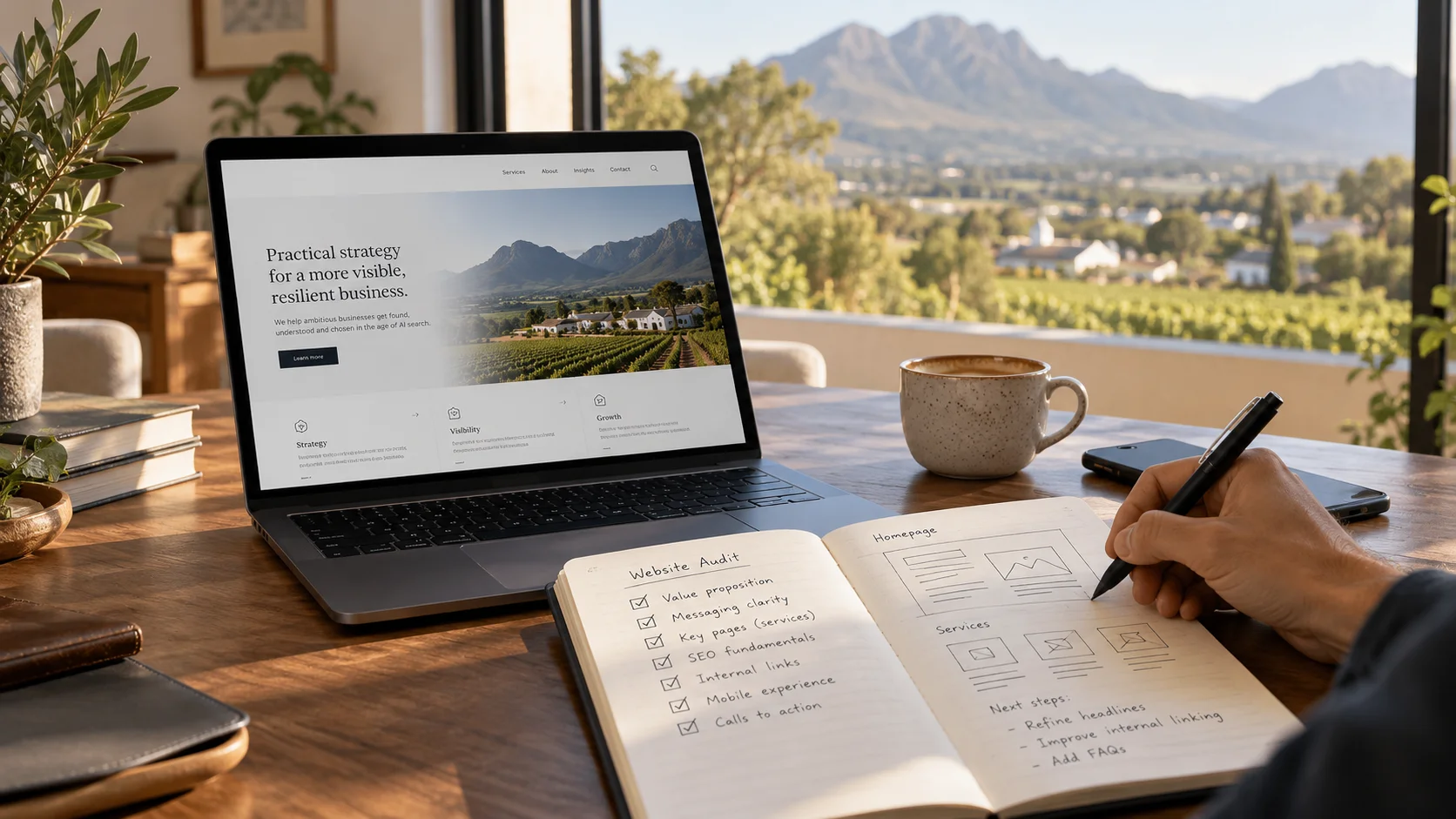 I fixed my own website before I sold this to anyone 1 Reviewing a business website on a laptop beside handwritten website audit notes.